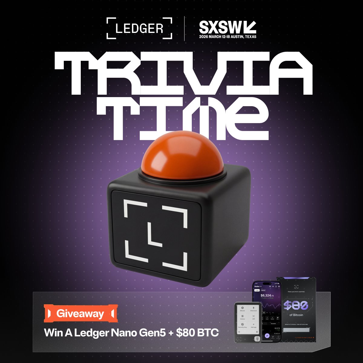 Can't make it to <a href="/sxsw/">SXSW</a> in Austin? You can still win 🧠

We put together a trivia challenge about the Ledger Wallet™ ecosystem. Test your knowledge, screenshot your score, and post it down below with <a href="/Ledger/">Ledger</a> and #LedgerSXSW.

3 winners get a Ledger Nano™ Gen5 + $80 BTC voucher.