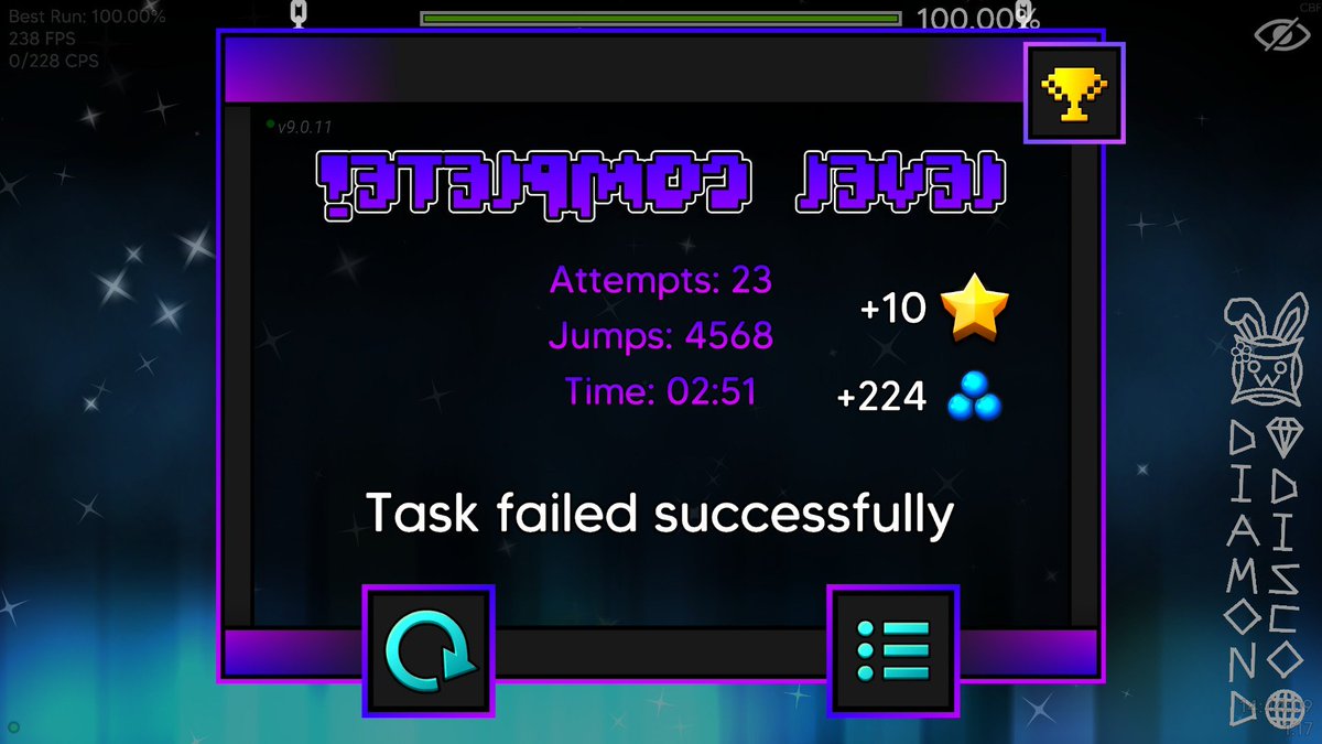 Diamond Disco 100% // 2046 Attempts // Fluke from 69%

Somehow, I beat this on full detail and managed to fluke the ending despite lagging A LOT.

Easier than Auroral Darkness, harder than Budding Roses &amp; Artificial Ascent.