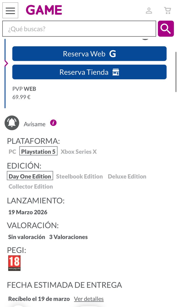 songox's tweet photo. @VideojuegosGAME Si ahora mismo en la web indica que se recibe el 19 de marzo, es porque tenéis más unidades para salida? Porque en la web no es específica que se va recibir después https://t.co/n9VUQMsiff