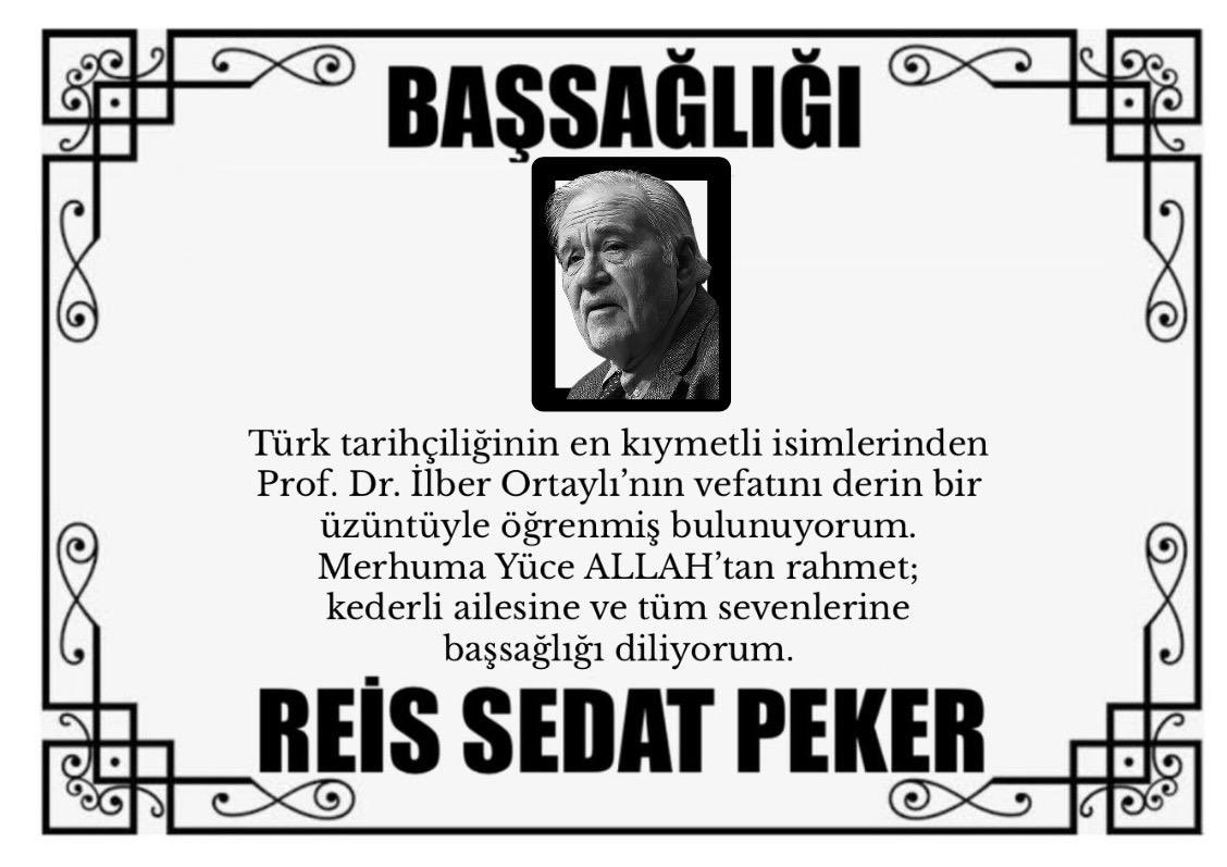 Türk tarihçiliğinin en kıymetli isimlerinden Prof. Dr. İlber Ortaylı'nın vefatını derin bir üzüntüyle öğrenmiş bulunuyoruz. Merhuma Yüce ALLAH'tan rahmet; kederli ailesine ve tüm sevenlerine başsağlığı diliyoruz.

@Sedat_PEKER