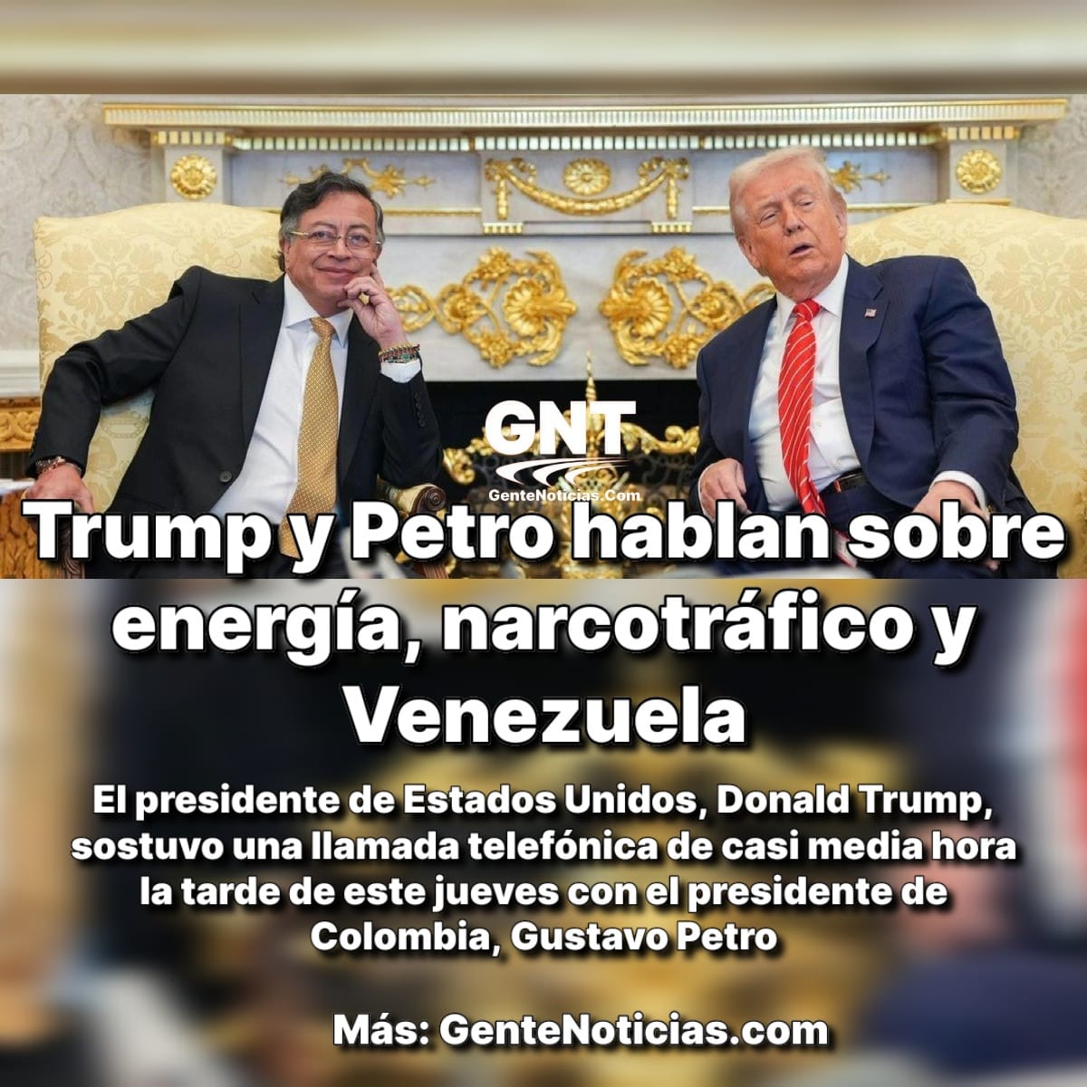 #Trump y <a href="/petrogustavo/">Gustavo Petro</a> sostuvieron llamada telefónica acerca del narcotráfico, la cooperación energética y la situación de Venezuela, este es un nuevo acercamiento entre los presidentes, con invitación de Petro a visitar #Cartagena.
Más: gentenoticias.com