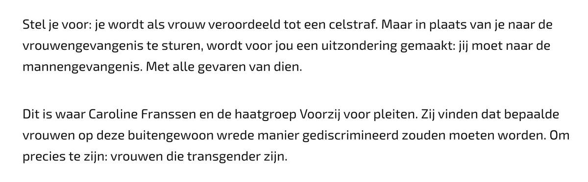 CoachCaroline's tweet photo. DOLLE MINA WIL DE GEVAARLIJKSTE MANNEN IN DE VROUWENGEVANGENIS HEBBEN

Stel je eens voor: je komt voor de rechter wegens extreem gewelddadige kinderporno. 

Tijdens de zitting besluit je dat je vanaf nu een transvrouw bent. En @ministerieJenV gaat daarin mee en sluit je op in de vrouwengevangenis.

Dat is hoe het gaat. 

Maar Dolle Mina draait alles om en doet net alsof bepaalde mannen heeeel eeeerg zielig zijn als ze bij de mannen worden opgesloten. 

https://t.co/4ztRsHbiWV