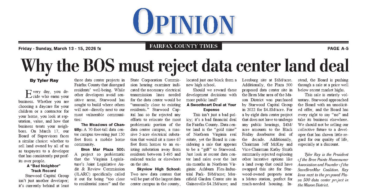 TRAYesq's tweet photo. @SenLouiseLucas while you’re fighting for residents affordability by repealing the data center tax exemption, Fairfax County is proposing to sell its own land at a deep discount to a data center developer. Quite the contrast! https://t.co/aPVRw5FEyW https://t.co/7N9wT5WsDM