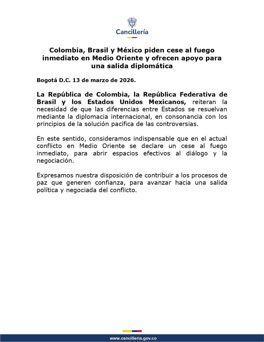 📢 Colombia, Brasil y México piden cese al fuego inmediato en Medio Oriente y ofrecen apoyo para una salida diplomática.