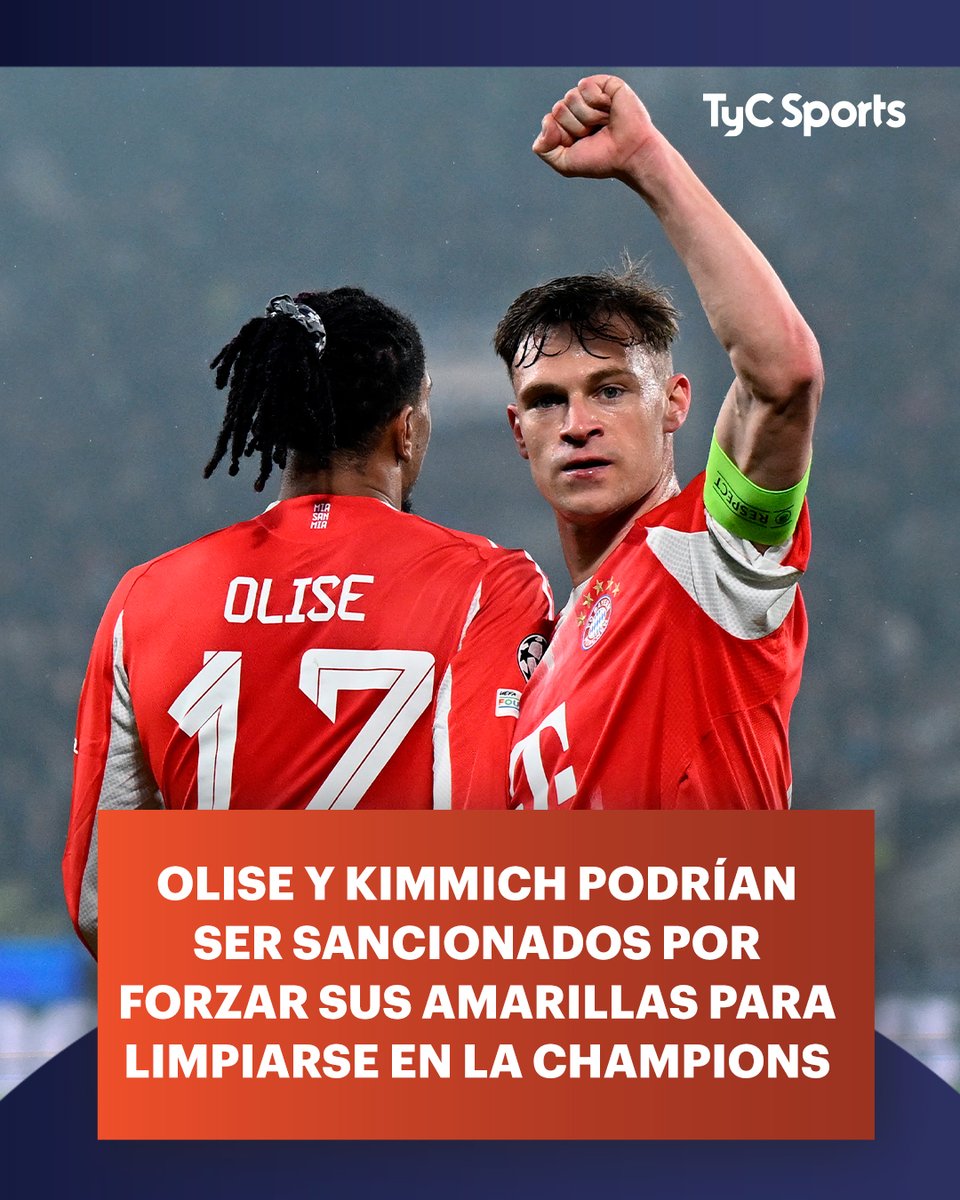 TyCSports's tweet photo. 🚨 Michael Olise y Joshua Kimmich quedaron bajo la lupa por las amarillas que recibieron durante el 6-1 del Bayern Múnich ante Atalanta por los octavos de final de ida de la Champions League.

🔎 La UEFA está analizando las jugadas que involucran a los dos futbolistas: el francés recibió la amarilla tras demorar la ejecución de un córner cuando el marcador ya estaba 6-0, mientras que el alemán vio la tarjeta por tardar más de 45 segundos en sacar una falta en campo propio a los 82 minutos.