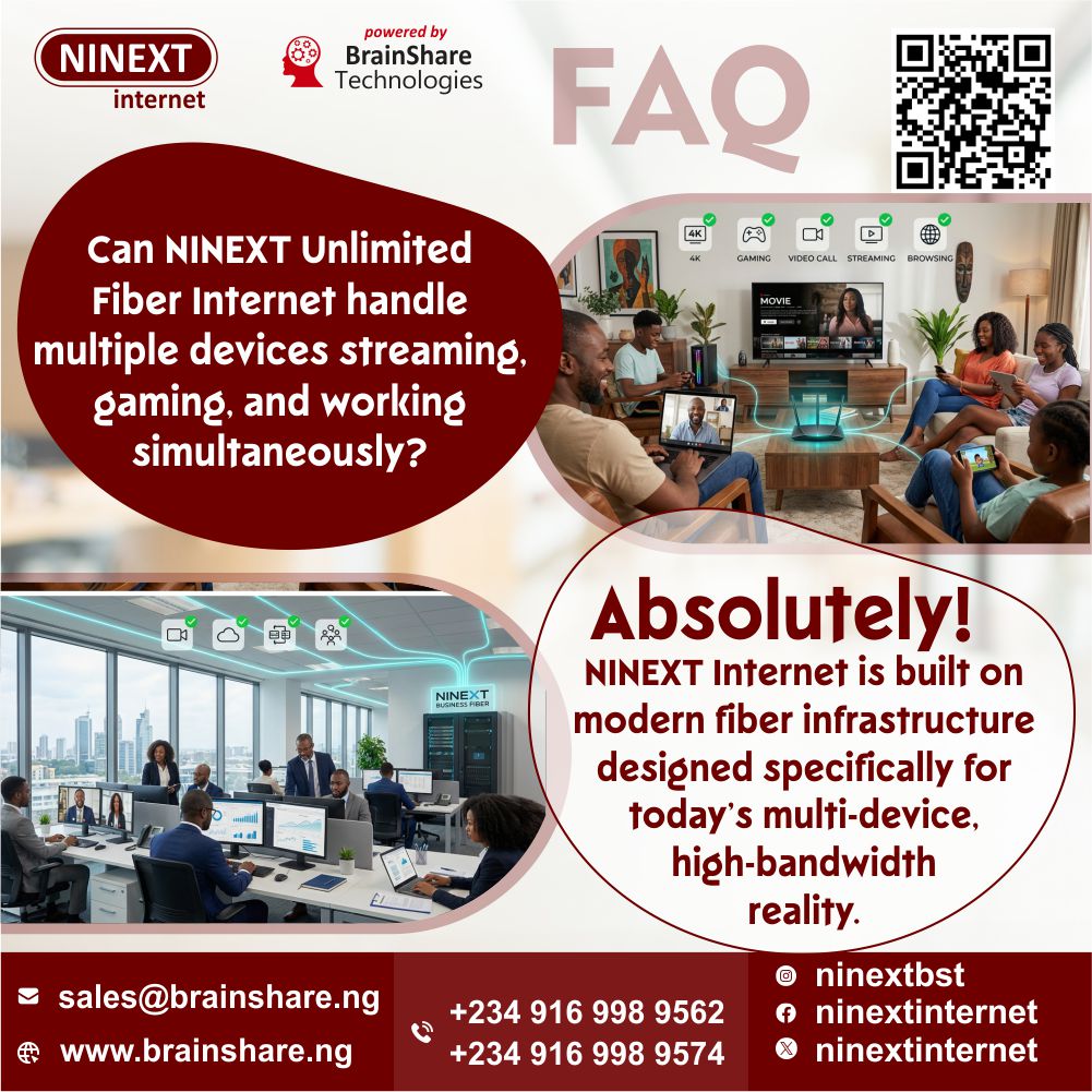 ninextinternet's tweet image. FAQ: Can NINEXT handle multiple devices at once?

Answer: Yes. Easily.

🏠 4K streaming + gaming + video calls + browsing
🏢 multiple users on cloud apps + video conferencing

All at the same time. All smooth.

That's NINEXT power.

#NINEXT #FiberFAQ #MultipleDevices #NoBuffering