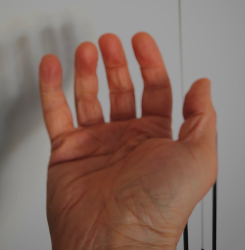 TaranQ's tweet image. To prove my point here's a real (creepy I must admit 😱) photo of my own hand. Fingers look almost equally long. And strange wrinkles in the palm of my hand.