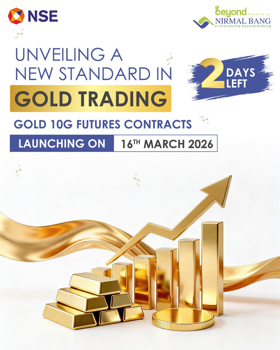 NirmalBang's tweet photo. India’s gold derivatives market is about to see a new development.

In just 2 days, a fresh trading opportunity will be introduced on @NSEIndia — aimed at improving accessibility and efficiency in gold market participation.

The countdown continues.

#NSE #NSEIndia #Gold10grams #GoldFuturesContract #Derivatives #launch