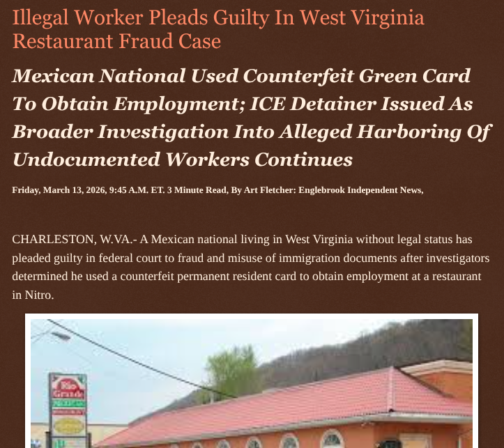 ArtFletcher9's tweet photo. Illegal Worker Pleads Guilty In West Virginia Restaurant Fraud Case https://t.co/sR67PVeePL via @Englebrooknews #WestVirginia #CrimeNews #charlestonwv #nitrowv #mexican #national #mexico #illegal #immigrant #federal #immigration #fraud @RioGrande #restaurant @LodiNJNews @Fordmb1953 @SarahGeving1 @Shannon96574094 @Daytobehappy @janninereid1 @gator4kb18 @MichelleF_35 @TrumpWasRite2 @KathyKbrose @RobGerundo @JimBobW49