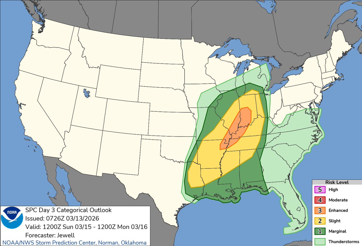MarcWeinbergWX's tweet photo. Here we go again. An enhanced risk of severe weather is now posted for Sunday. This one looks like a good candidate for a line of strong to severe moving across our area Sunday night. Damaging winds as the primary threat with isolated tornadoes embedded in the line. https://t.co/ii11SZWBjP