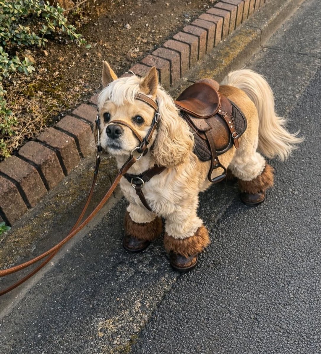 Puppieslover's tweet photo. This doggo is dressed like a Tiny horse and the internet is losing it. https://t.co/aHGSlf6vGD