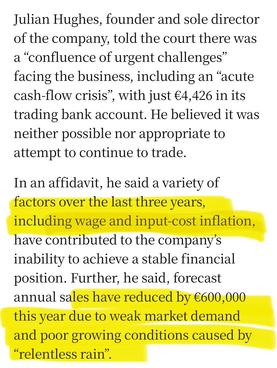 I hate seeing this

Major Irish vegetable company goes into liquidation. 

Owner Julian Hughes blamed “the last three years of wage and cost inflation” have taken its toll. The rain this winter was the final straw. 

It goes with out saying that we should be doing everything we