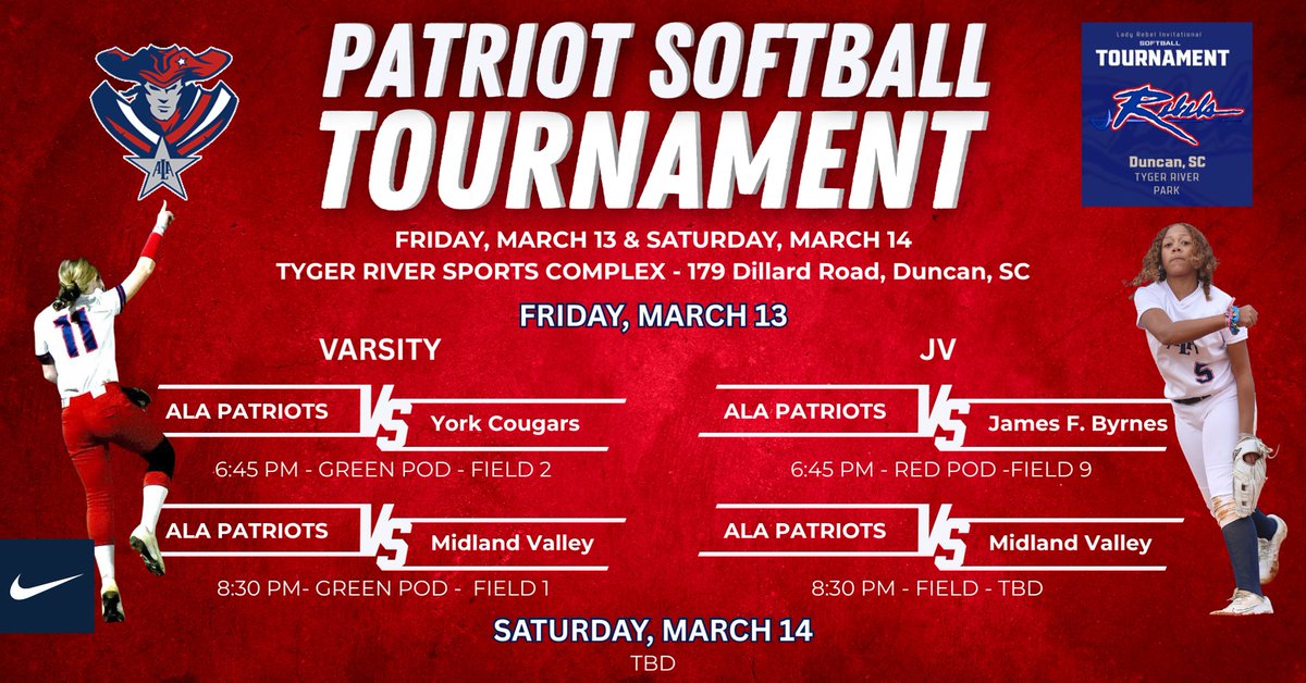 AlaSoftball's tweet photo. TOURNEY WEEKEND! Patriots to face some tough competition this weekend in Tyger River Friday &amp; Saturday! Let's Go Patriots! https://t.co/8bl8c4R6nc