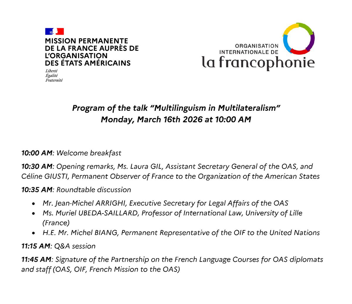 JMArrighi's tweet image. 📚 The @FranceOEA and the @OIFrancophonie host the talk “Multilingualism in Multilateralism.”

📅 Mar 16, 2026
🕙 10:00 AM
📍 Hall of the Americas, @OAS_official
 
#Multilingualism #Multilateralism #OAS @SGA_OEA_OAS