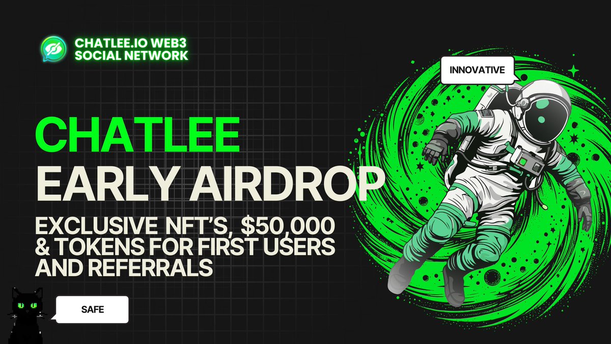 New Airdrops : Chatlee
🏷 Reward : Prize Pools $50,000 &amp; Token FCFS
🪂 Register: chatlee.io/?inv=MjkwODQwM…
➖ Click Airdrop > Complete
➖ Invite Friends
➖ Done
📌Chatlee is a private, decentralized space where every message has real value. Chat with friends, earn tokens and NFTs.