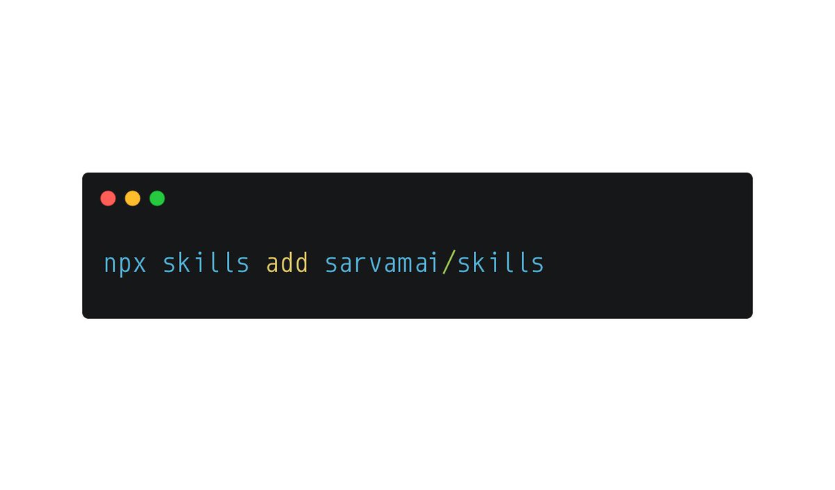 SarvamForDevs's tweet photo. Introducing Sarvam Skills.

You can now use them with coding agents via Agent Skills:

npx skills add sarvamai/skills

Agent Skills are a lightweight open format for extending agents with specialized workflows. https://t.co/KpXJBVApNf