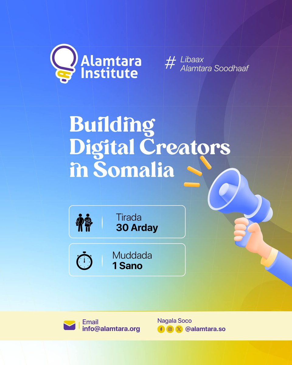 Waxaan si rasmi ah u bilaabi doonnaa barnaamijka 𝑩𝒖𝒊𝒍𝒅𝒊𝒏𝒈 𝑫𝒊𝒈𝒊𝒕𝒂𝒍 𝑪𝒓𝒆𝒂𝒕𝒐𝒓𝒔 𝒊𝒏 𝑺𝒐𝒎𝒂𝒍𝒊𝒂 oo aan ugu talagalnay in lagu kobciyo hibada dhalinyarada Soomaaliyeed, laguna dhiso jiil cusub oo leh xirfado dijitaal ah.

Wixii faahfaahin ah nala soco.