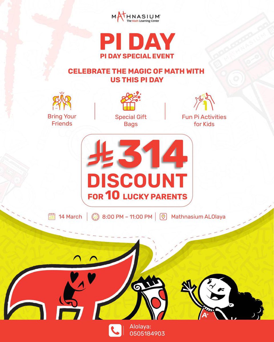 SaudiMathnasium's tweet photo. Celebrate Pi Day (3.14) with Mathnasium.

Join our Pi Day celebration with fun math activities, surprises for kids, and a special 314 SAR discount for 10 lucky parents.

Mathnasium Al Olaya
March 14
8:00 PM – 11:00 PM

Bring your child and discover how math can be fun and confidence-building.

Learn more and reserve your spot here:

https://t.co/Nd65J5sVjb