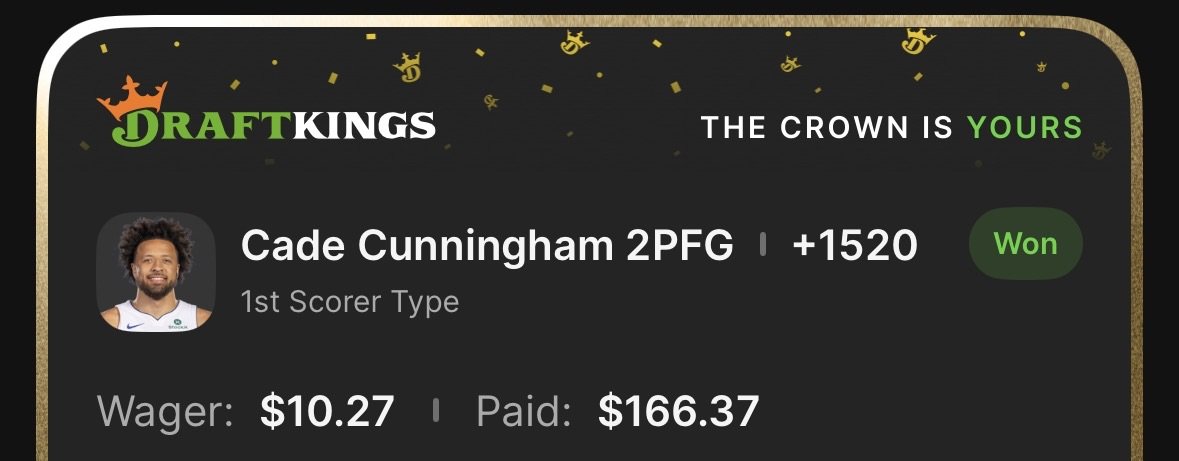 slam_dunk_bets's tweet image. Cade started us off strong yesterday with the 2 point first basket method hit! 

Why #draftkings gave this to us at +1520 is anybody's guess, but that's what we're here for.

Check us out for a free month using link in bio!

#DetroitBasketball #FirstBasket