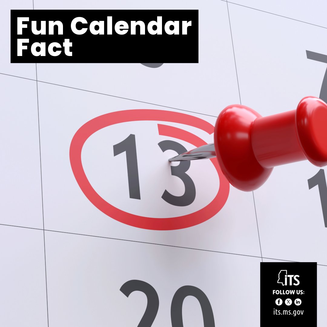 MSDeptofITS's tweet image. Fun fact: No year has more than three Friday the 13ths—and 2026 has all three. Take it as a reminder to slow down and double (or triple) check links and emails. Think before you click. Smart habits help protect systems and data.
#MississippiITS #ITServices #DigitalGovernment