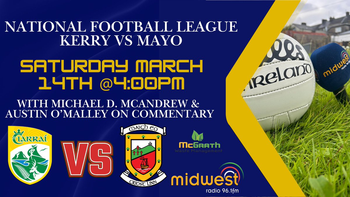 radiomidwest's tweet photo. Live commentary of the national football league clash between @Kerry_Official & @MayoGAA tomorrow from 4pm with @MD_McAndrew & @Omalley_Austin
Our coverage with thanks to McGrath Waste. https://t.co/zWqH6jOLRD