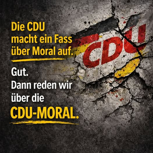 Ja, ich bin sehr dafür, dass wir mal mit der <a href="/cducsubt/">CDU·CSU</a> über Moral sprechen. Über Lügen, Hetzen, das Blaue vom Himmel erfinden, Mobbing, über Parteipolitik, die man über das Landeswohl stellt, um an die Fleischtöpfe zu gelangen.
Reden wir!
<a href="/bundeskanzler/">Bundeskanzler Friedrich Merz</a> <a href="/jensspahn/">Jens Spahn</a> <a href="/Markus_Soeder/">Markus Söder</a>