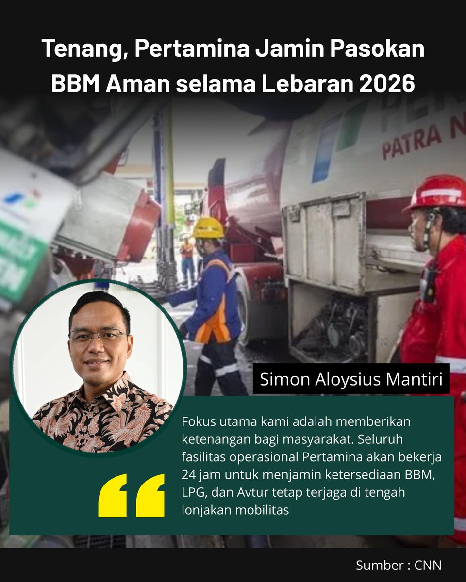 edwinbastian_'s tweet image. Kabar baik buat pejuang mudik 2026. Pertamina udah siapin segalanya biar kita gak kesulitan cari BBM.
#InfoLebaran #MudikNyaman #PertaminaReady