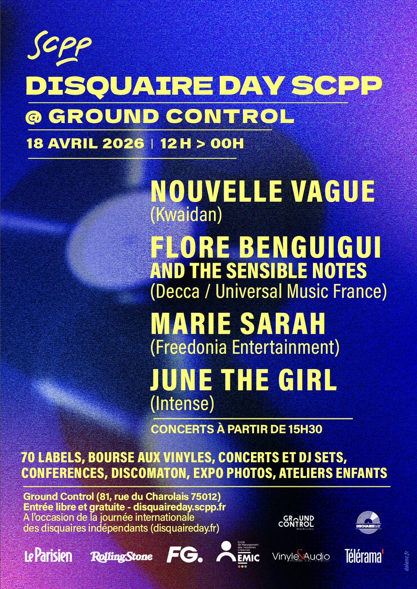 Le 𝑫𝑰𝑺𝑸𝑼𝑨𝑰𝑹𝑬 𝑫𝑨𝒀 𝑺𝑪𝑷𝑷 avec Nouvelle Vague, Flore Benguigui, Marie Sarah et June The Girl en concert 🔥

Rendez-vous à Ground Control le 18 avril 💿
12H → MINUIT.

🎟️ Entrée libre et gratuite
Toutes les infos sur → disquaireday.scpp.fr