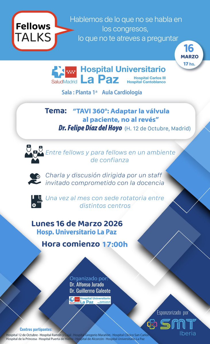 IberiaSmt's tweet photo. Nueva edición de #FELLOWTALKS el próximo lunes 16 a las 17h en HU de La Paz , donde el Dr @Felipediezhoyo de la unidad de #hemodinamica del HU 12 de Octubre compartirá con el grupo su visión sobre la correcta selección de los diferentes dispositivos de #TAVI disponibles en el mercado para las particularidades de cada enfermo con estenosis aórtica.