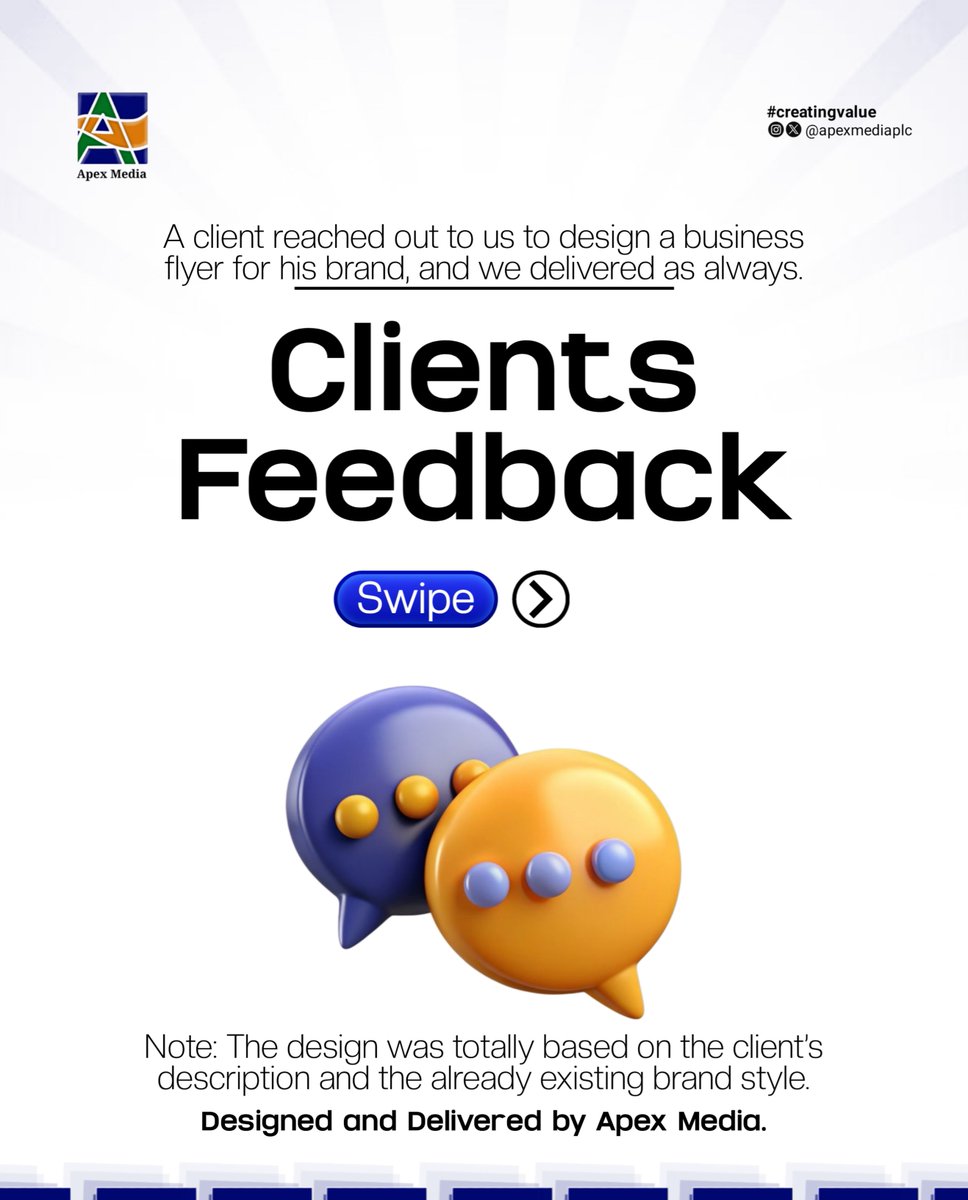 apexmediaplc's tweet photo. Check out our review.
A client reached out to us to design a business flyer, and as always, we delivered.
The design was based entirely on the client’s description and already existing brand style.
#CreatingValue #ApexMedia #Viral #GraphicDesign https://t.co/hPqlcvtKNt