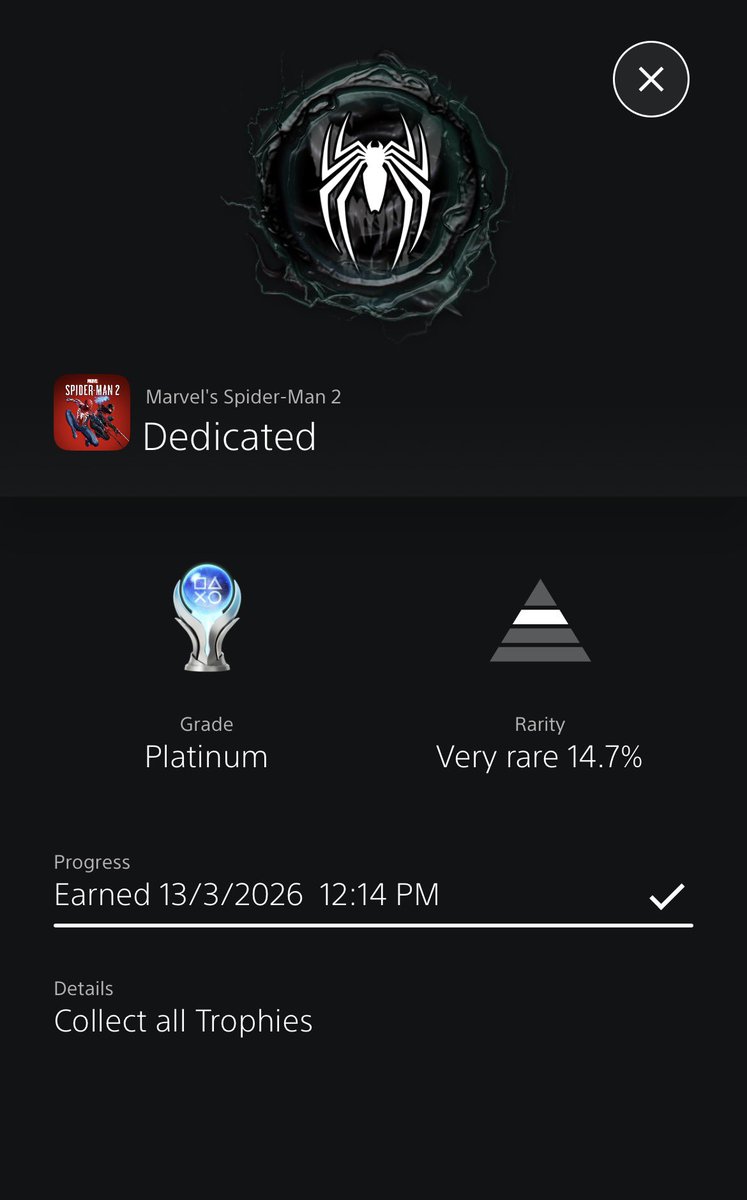 YoYo_Stick007's tweet photo. Plat 30 Spider-Man 2:

Not as good as the first one but still enjoyable. Big improvement in graphics and gameplay/combat from the first game but did feel the story was a little bit less interesting than the first. But still an enjoyable platinum and got the 100% as well. https://t.co/t8CoxV3T1o