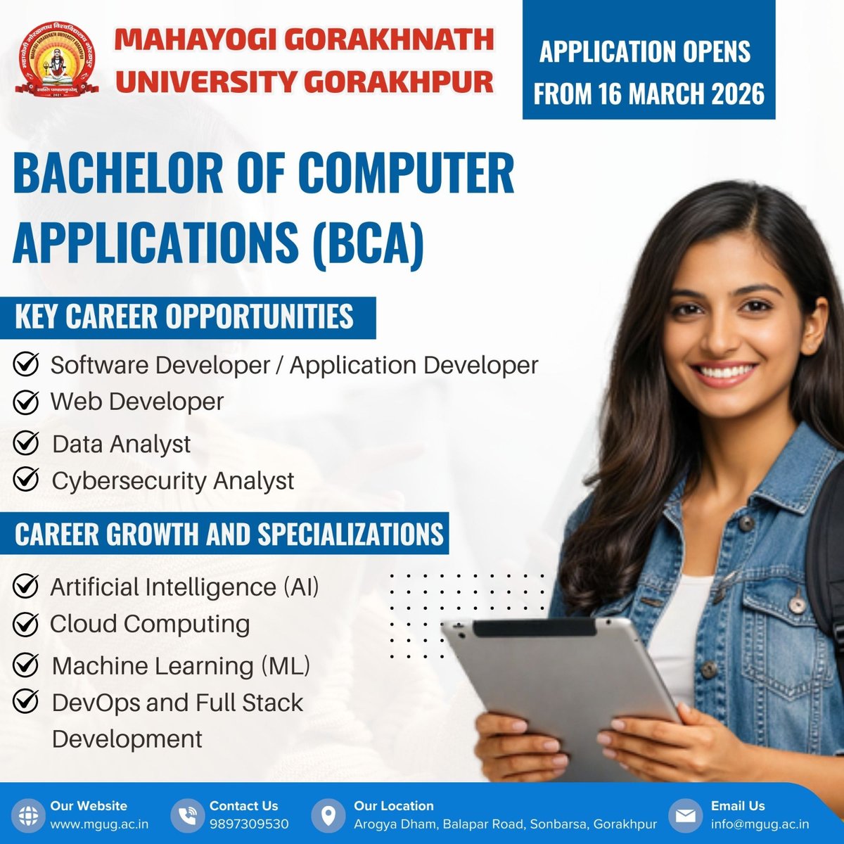 MGUGOfficial's tweet photo. Admission Open 2026-27
Application Open from 16th March 2026.
*Bachelor of Computer Application*
#Mgug
#mahayogigorakhnathuniversity
#AdmissionsOpen
#admissions2026
#AdmissionsOpen2026
#BCA
#computerapplication https://t.co/ztDOLOd3PH