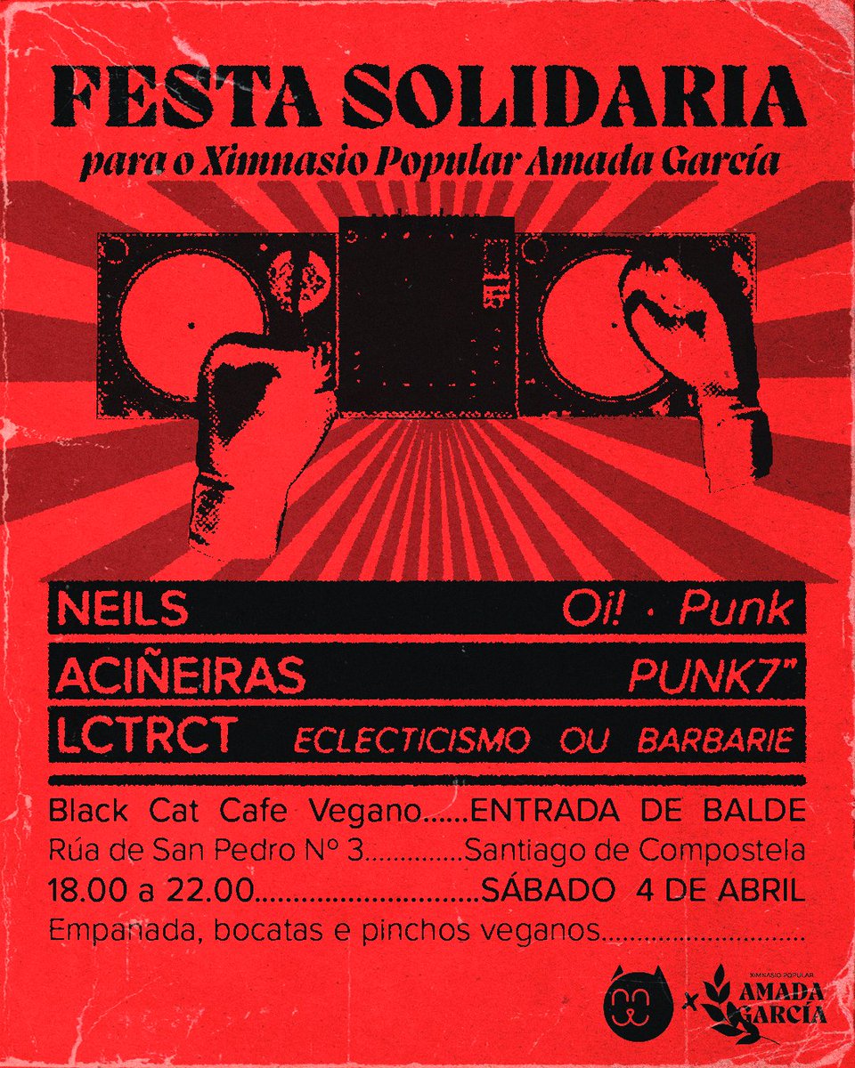 🔴 || Festa Solidaria Amada García 

Dende o ximnasio popular Amada García imos organizar xunto ao Black Cat unha xornada festiva de carácter solidario o vindeiro sábado 4 de abril.
 
Vide a pásalo ben con nós. Reconstruamos xuntas os espazos da nosa clase🥊