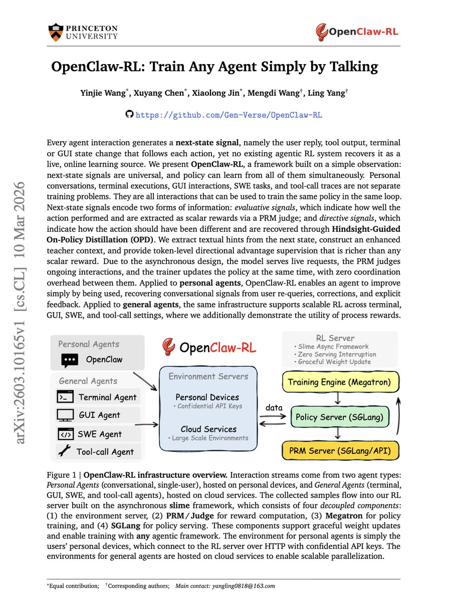 "OpenClaw-RL: Train Any Agent Simply by Talking"

OpenClaw-RL’s big idea is that every time an AI agent gets a reply, error, test result, or tool output, it’s already receiving free feedback. 

So instead of wasting those signals, this paper turns everyday use into live