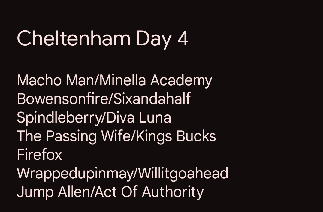 OliKears's tweet photo. Unbelievable Tuesday, break even Wednesday, terrible Thursday (as always), time to turn things around. Good luck everyone 🍀 @JohnnyDineen @IzzyPhillips @theracehorseguy @racinglee1 @mp_horseracing @DavidJenningsRP @PKealyracing https://t.co/epjyxNO8zz