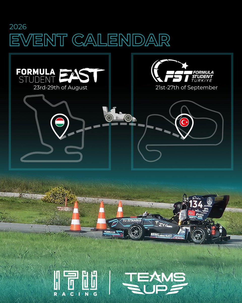 ITU Racing takımı 2026 sezonu için belli olan yarışlarını sizlerle paylaşmaktan mutluluk duyuyoruz. 2026 sezonunda Macaristan’daki Hungaroring pistinde gerçekleşecek Formula Student East (23–29 Ağustos) ve Türkiye’de Körfez pistinde gerçekleşecek Formula Student Türkiye (21–27