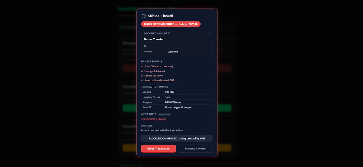 shieldbot_'s tweet photo. Stop reacting to hacks. Start preventing them.

Most security tools warn you after you’ve already lost funds. 

ShieldAI v1.0.9 changes the game: it stops the threat before you ever click "Approve."

The v1.0.9 Edge: Deployer Memory 

We track scammer footprints across 7 chains. If a known bad actor launches a fresh contract, ShieldAI flags it instantly. Scammers can’t hide from their own history—and now, they can't hide from you.

Why ShieldAI is the Web3 Gold Standard:

✅Pre-Sign Firewall: 6 advanced analyzers (honeypot simulation, liquidity checks, and more) score every transaction in seconds.

✅Asset Preview: Visualized inflows and outflows (Green = In, Red = Out) so you know exactly what you're signing.

✅Fail-Closed Design: We never assume "safe." If a verification service fails, we default to caution to keep you protected.

✅Mempool Radar: Real-time detection of sandwiches, frontruns, and suspicious approvals across 7 chains.

✅Plain English Verdicts: No jargon. Just clear explanations of what was found and why it matters.

✅ Three languages live. English, Chinese, Vietnamese. Because the scams hitting those communities aren't slowing down, and a firewall that can't speak your language isn't really protecting you.

Scammers move fast. ShieldAI moves faster. Don't be their next target.

Install the Firewall: https://t.co/bm5zMf82ub
@BNBCHAIN @cz_binance 
#BNBChain