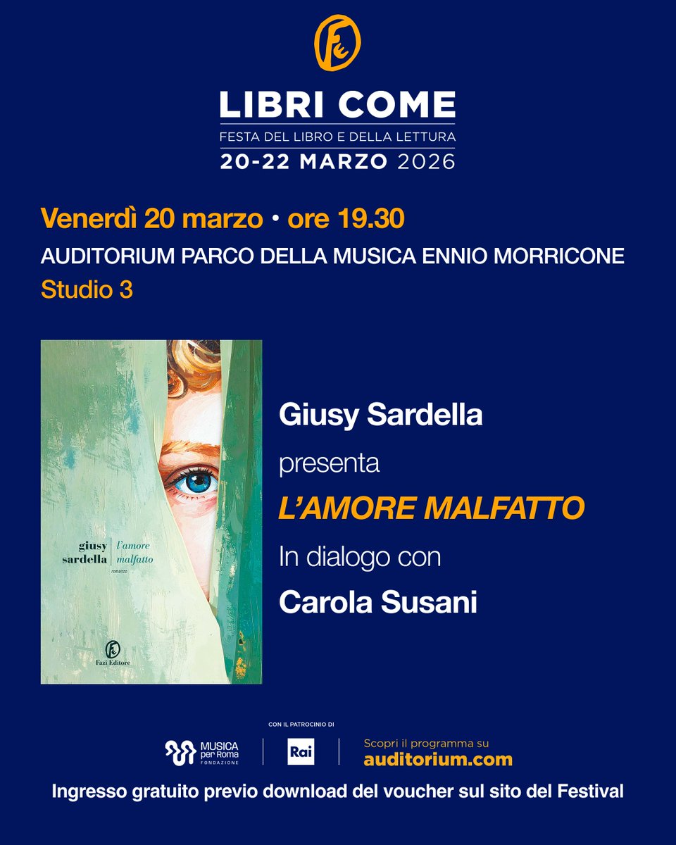 FaziEditore's tweet photo. Anche quest’anno parteciperemo a @libricome, la Festa del Libro e della Lettura che quest’anno ha scelto come tema la Democrazia.

Appuntamento a Roma dal 20 al 22 marzo, presso l’Auditorium Parco della Musica Ennio Morricone, in viale Pietro de Coubertin, 30.

Vi aspettiamo ai nostri eventi, che saranno a ingresso gratuito, previo download del voucher sul sito del Festival.

20 marzo, ore 19.30
Studio 3
Giusy Sardella presenta «L’amore malfatto»
In dialogo con Carola Susani

21 marzo, ore 19.30
Studio 3
@pinoarlacchi presenta «La Cina spiegata all’Occidente»
In dialogo con Francesco Sylos Labini (@fsyloslab)

21 marzo, ore 21.00
Studio 2
Il loro grido è la nostra voce
Con Francesco Fazi e Leonardo Tosti
e la partecipazione di Alessandro Manno - Responsabile progetto Palestina EMERGENCY
Modera Anna Maria Selini (@amselini)
A cura di @emergency_ong 

#fazieditore #lestrade #leterre #LibriCome2026 | LC2026