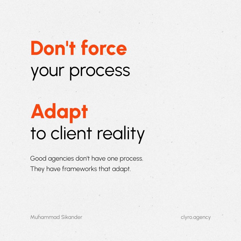 sikanderux's tweet photo. Yesterday I was on a call with a potential client. 

Their product is live. Has users. Built by a developer who coded it directly without design. 

Now users are confused. The client wants to improve UX but doesn't know how to communicate design changes to the developer without breaking everything. 

Classic scenario: product works, but UX is holding it back.

Here's what we're doing:

Step 1: Understand the users and business goals
We'll work with the client to map where users get confused, what's driving churn, and what improvements would actually move metrics. 

Step 2: Collaborate with the developer 
Not replace them. Understand their constraints. What can be changed easily? What would require rebuilding core systems? Design solutions that work within those limits. 

Step 3: Incremental improvements
Not a full redesign. Prioritize changes by impact vs development effort. Ship improvements without breaking what already works. 

The principle: adapt your process to the client's reality. 

Some clients need a full product design from scratch. Others need UX improvements on live systems with existing dev teams.

If you try to force the same process on both, you'll fail.

I sent the client Looms showing our general process, then explained how we'd tailor it to their scenario. Sent another Loom to the developer showing how we'd collaborate without disrupting their workflow.

Good agencies don't have one process. They have frameworks that adapt.

Cookie-cutter doesn't work when every client's situation is different.