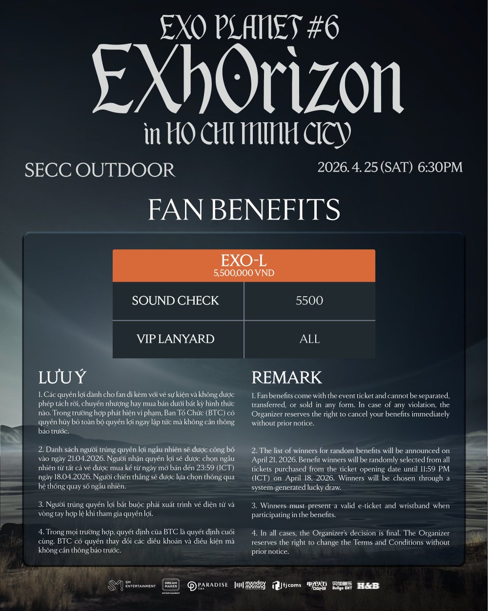 tjcoms_vietnam's tweet photo. Seat map đã sẵn sàng, lên dây cót thôi nào các EXO-L ơii!

𝗘𝗫𝗢 𝗣𝗟𝗔𝗡𝗘𝗧 #𝟲 - 𝗘𝗫𝗵𝗢𝗿𝗶𝘇𝗼𝗻 𝗶𝗻 𝗛𝗢 𝗖𝗛𝗜 𝗠𝗜𝗡𝗛 𝗖𝗜𝗧𝗬
📅 Thời gian: 25.04.2026 - 18:30 (ICT)
📍 Địa điểm: SECC NGOÀI TRỜI (TRUNG TÂM HỘI CHỢ VÀ TRIỂN LÃM SÀI GÒN), TP HCM

Đăng ký tham gia Pre-Sale dành cho "EXO-L" Membership (GL) (Weverse)
➫ 11.03.2026 (Thứ Tư) | 12:00 → 13.03.2026 (Thứ Sáu) | 23:59 (ICT)
🔗 https://t.co/kMNB2uIYvu

"EXO-L" Membership (GL) Pre-Sale
➫ 17.03.2026 (Thứ Ba) | 12:00 → 23:59 (ICT)
➫ Chỉ bán trên website https://t.co/UBYsZXQg05 và ứng dụng Ticketbox
* Mỗi mã được phép mua tối đa 02 (hai) vé.

General On-Sale
➫ 18.03.2026 (Thứ Tư) | 12:00 (ICT) trở đi
* Mỗi đơn hàng được phép mua tối đa 06 (sáu) vé.

* Theo dõi TJ Communications để cập nhật thêm các thông tin mới nhất nhé!

-
The seat map is ready — time to get hyped, EXO-Ls!
𝗘𝗫𝗢 𝗣𝗟𝗔𝗡𝗘𝗧 #𝟲 - 𝗘𝗫𝗵𝗢𝗿𝗶𝘇𝗼𝗻 𝗶𝗻 𝗛𝗢 𝗖𝗛𝗜 𝗠𝗜𝗡𝗛 𝗖𝗜𝗧𝗬

📅 Date: April 25, 2026 - 6:30 PM (ICT)
📍 Location: SECC OUTDOOR (SAIGON EXHIBITION AND CONVENTION CENTER), HCMC

Sign up for "EXO-L" Membership (GL) Pre-Sale (Weverse)
➫ March 11, 2026 (Wed) | 12:00 PM → March 13, 2026 (Fri) | 11:59 PM (ICT)
🔗 https://t.co/kMNB2uIYvu

"EXO-L" Membership (GL) Pre-Sale
➫ March 17, 2026 (Tue) | 12:00 PM → 11:59 PM (ICT)
➫ Only available on the https://t.co/UBYsZXQg05 website and the Ticketbox app
* Each code will be allowed to purchase 02 (two) tickets.

General On-Sale
➫ March 18, 2026 (Wed) | 12:00 PM (ICT) onwards
* Limit 06 (six) tickets per order.

* Stay tuned to TJ Communications for more updates!

#EXO #엑소 #weareoneEXO #EXOPLANET #EXhOrizon #TJComs