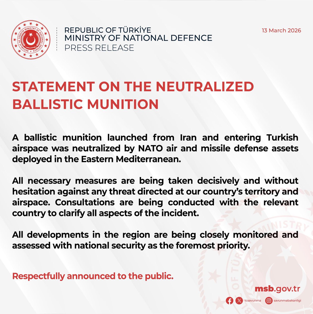 Etkisiz hâle getirilen balistik mühimmat ile ilgili açıklama.

Statement on the neutralized ballistic munition.

#MillîSavunmaBakanlığı