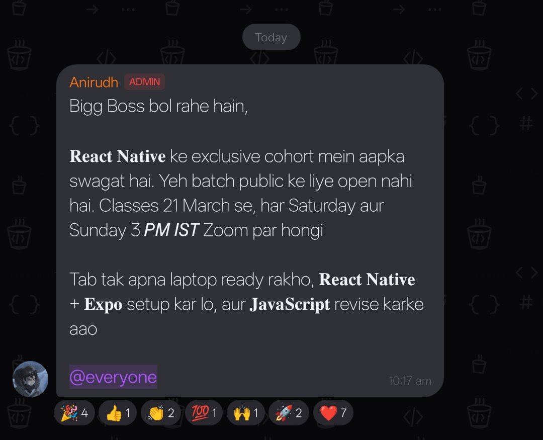 DevEclair's tweet image. Excited to share 🤩

I’m officially in the React Native Cohort!! 💻📱
Huge thanks to @nirudhuuu sir 🫡
First time learning mobile dev &amp;amp; I’m giving it 100% 💪
Let’s build some magic! ✨
#chaicode
#ReactNative #MobileDev #LearningJourney