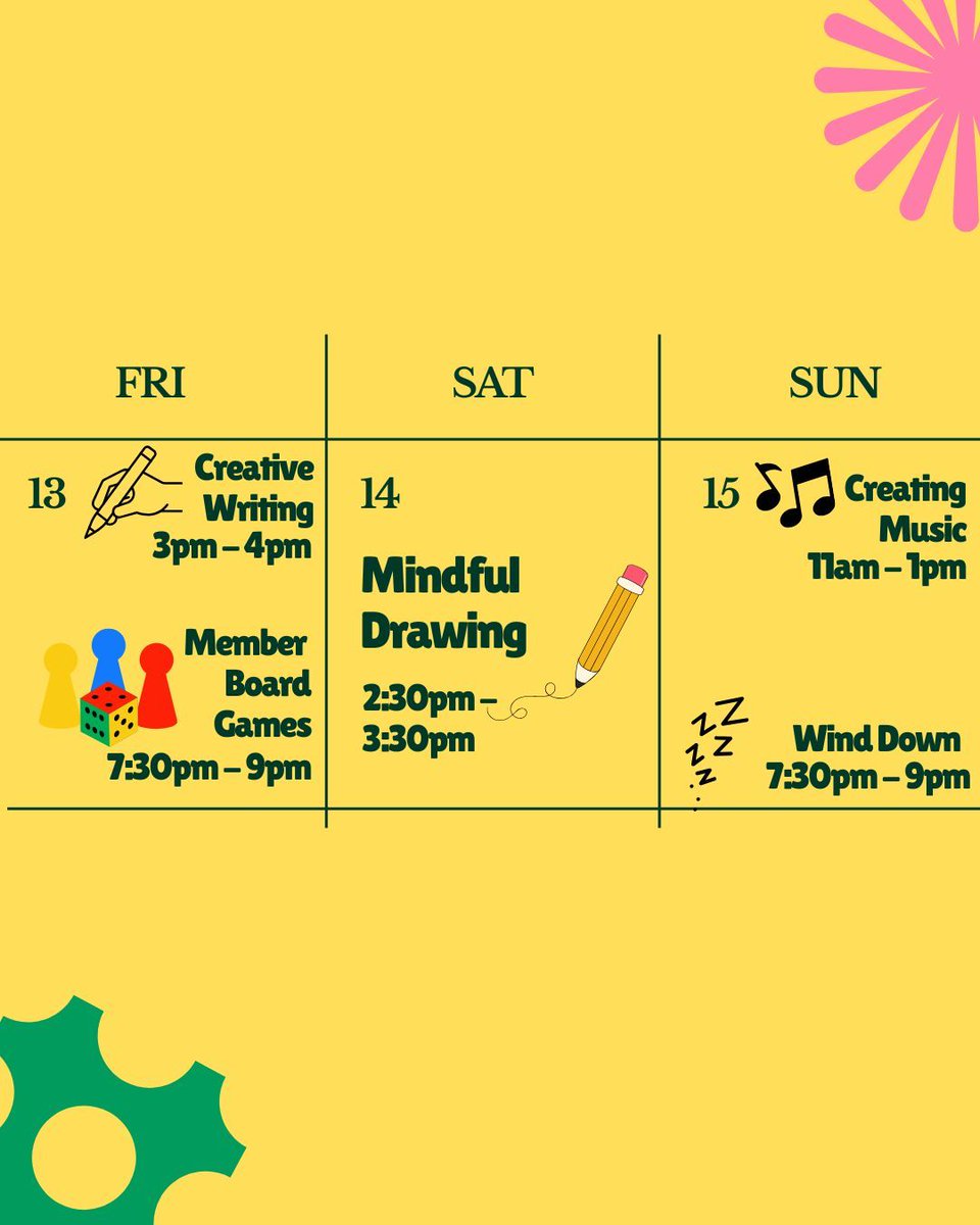 companeros_sp's tweet photo. What's on this weekend at Compañeros 🤩
We have lots on offer this weekend like Mindful Drawing and our weekly wind down! 💤
We are open for crisis support 365 days a year, from 10am - 10pm. Whenever you need us, Compañeros is here for you!
#spiderproject #Compañeros https://t.co/eLebmpPh5h