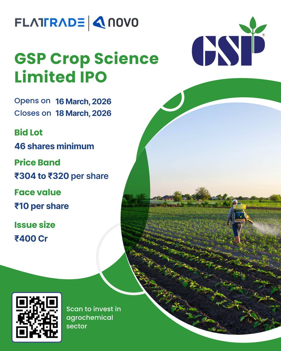 Flattradein's tweet image. GSP Crop Science IPO 🌱
Operating in the agrochemical space with products supporting crop protection and agricultural productivity.

Apply for IPO: novo.flattrade.in 

Know more: flattrade.in/kosh/gsp-crop-… 

#GSPCropScienceIPO #Agrochemicals #Agriculture #IPOWithFT #IPOAlert