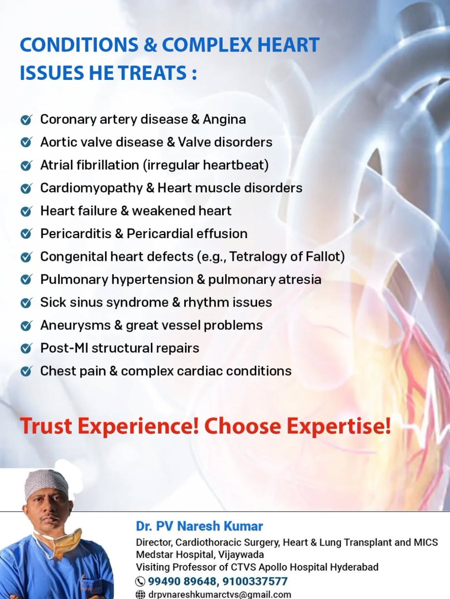 drpvnaresh's tweet photo. Your heart deserves expert care you can trust.

#cardiothoracicsurgery #heartsurgeon #CTVS #hearthealth #hyderabad https://t.co/Gp1uuVoWCX