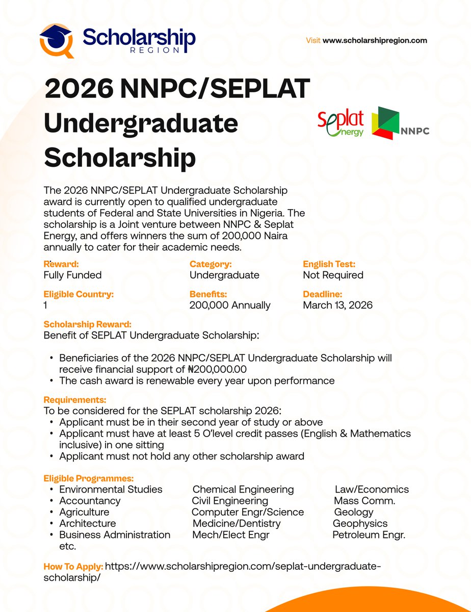 Expires Today!
Applications close today, check them out and apply immediately.

Erasmus Mundus EMIMEP Scholarship 2026 in France, Germany, Spain, Italy | Fully Funded
scholarshipregion.com/erasmus-mundus…

NNPC/SEPLAT Undergraduate Scholarship 2026 For Nigerians
scholarshipregion.com/seplat-undergr…

2026