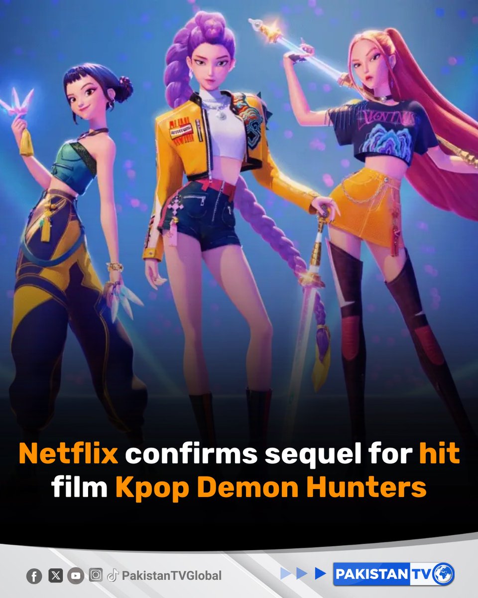 PakTVGlobal's tweet image. Streaming giant Netflix announced a follow-up to its blockbuster animated movie Kpop Demon Hunters, written and directed by Maggie Kang and Chris Appelhans, celebrating a K-pop girl group of demon slayers.

#KpopDemonHunters #NetflixOriginal #AnimatedMovie #PakistanTV