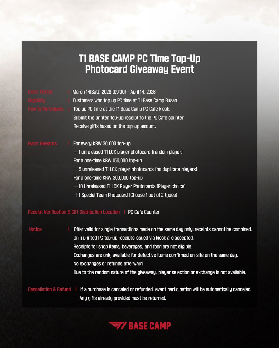 t1basecamp's tweet photo. 3월의 특별한 혜택! T1 BASE CAMP PC 시간 충전 이벤트 OPEN 🖥️
2026년 3월 14일(토) 09:00부터 PC 시간 충전 이벤트가 시작됩니다.
미공개 포토카드, PC 시간 충전으로 GET! 🔥
✅ 이벤트 참여 방법 및 유의 사항은 게시물을 참고해 주세요.

Special March Benefits! The T1 BASE CAMP PC Time Top-Up Event OPEN 🖥️
The PC Time Top-Up Event begins on March 14(Sat), 2026 at 09:00 KST.
Get an exclusive, unreleased photocard with your PC time top-up! 🔥
✅ Please refer to the post for details on how to participate and important notes.

#T1BASECAMPBUSAN #T1BASECAMP #TBC #ToBeContinued #T1