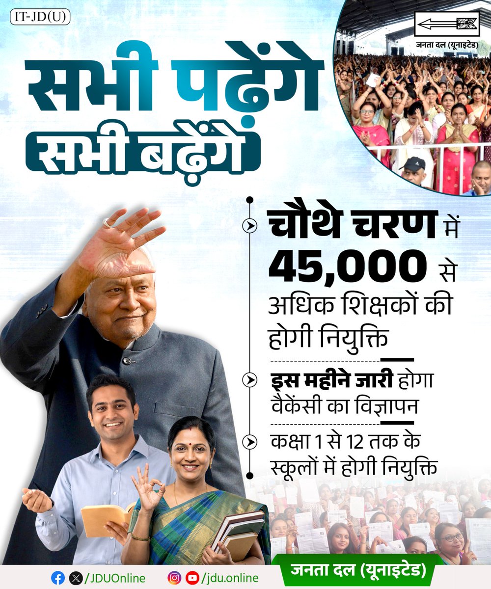 पढ़ेगा बिहार, आगे बढ़ेगा बिहार…

TRE 4.0 के तहत राज्य में 45 हजार से अधिक शिक्षकों की नियुक्ति की जाएगी।
कक्षा 1 से 12 तक के विद्यालयों में इन शिक्षकों की नियुक्तियाँ होंगी, जिससे शिक्षा व्यवस्था और अधिक सुदृढ़ होगी।

<a href="/NitishKumar/">Nitish Kumar</a> 

#NitishKumar #Bihar
#JDU #JanataDalUnited