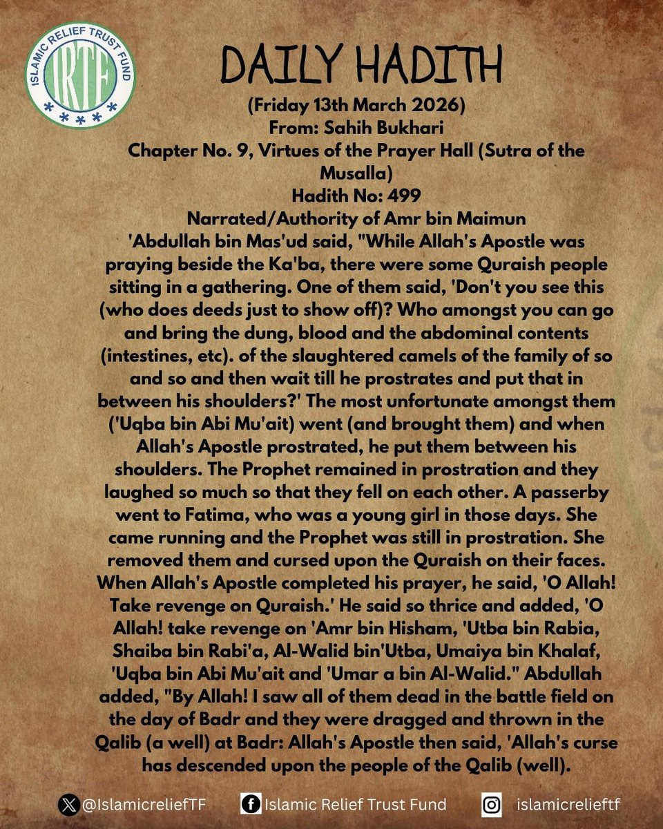 IslamicreliefTF's tweet image. ...the battle field on the day of Badr and they were dragged and thrown in the Qalib (a well) at Badr: Allah's Apostle then said, 'Allah's curse has descended upon the people of the Qalib (well).

#DailyHadith
#IRTF